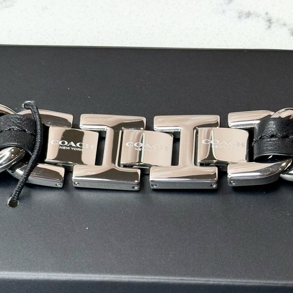 COACH Women's Silver-Tone Black Leather Chain Link Bracelet for Apple Watch - Picture 3 of 7